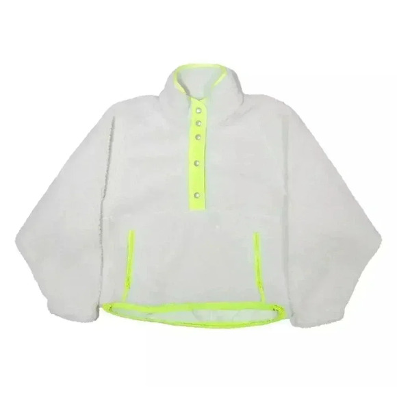 American Eagle White Fleece Sherpa Large NWT Neon Snap Pullover Yellow Green 90s - Picture 1 of 10